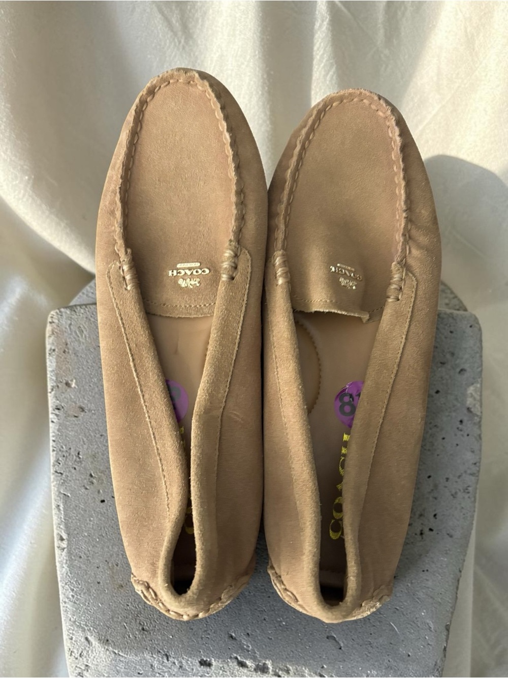Coach Suede Driving Loafers Tan Beige Slip-On Driver Shoes Women’s Size 8.5